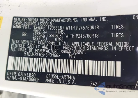 2015 Toyota Highlander Xle V6 z USA, uszkodzony, nr VIN 5TDJKRFH2FS131663